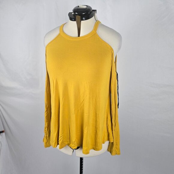 Forever 21 Blouse Women's 0X Yellow Long Sleeve Cold Shoulder Key Hole Back - Picture 16 of 16
